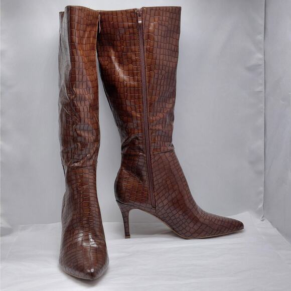 Alicepub Knee High Boots Women’s 9.5 Brown Croc Faux Leather Pointed Toe Zip - Picture 8 of 16